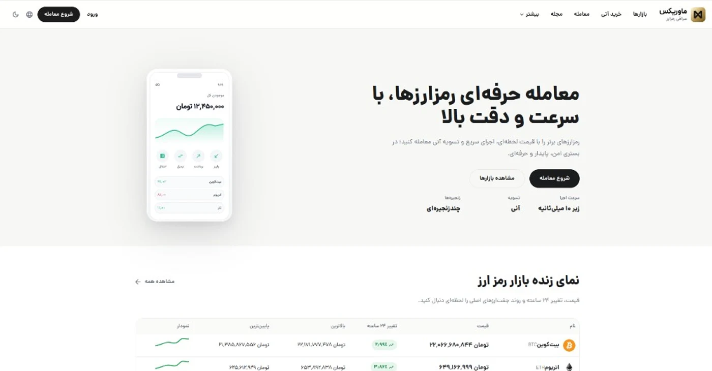 نمای صفحه اصلی ماوریکس؛ پلتفرم معاملات حرفه‌ای رمزارز